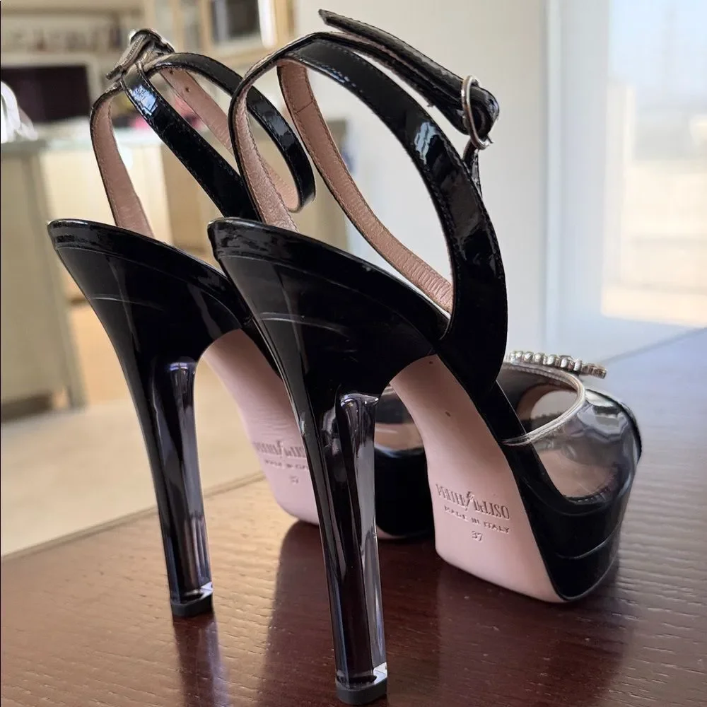Vintage retro pinup lucite Black Platform Heels with Ankle Strap